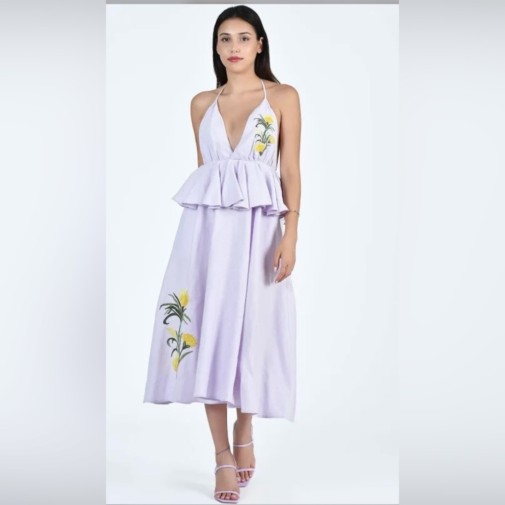Fanm Mon Lavender Halter Maxi Dress with Yellow Floral Embroidery